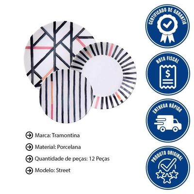 Jogo De Pratos Tramontina Street Em Porcelana Decorada 12 Peças - 96589029