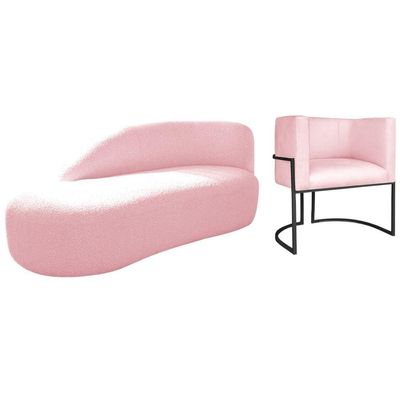 Kit Divã Luna 160cm Lado Esquerdo E 01 Poltrona Base De Ferro Preto Suede Rosa Bebê