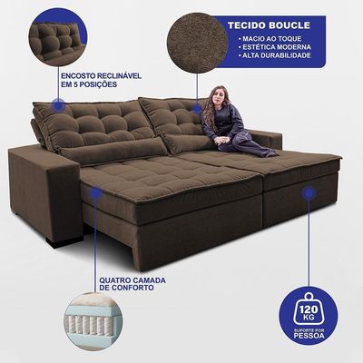Sofá Retrátil E Reclinável 2,12m Molas Ensacadas Belle. Boucle Cama Inbox Marrom
