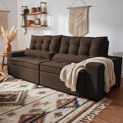 Sofá Retrátil E Reclinável 2,12m Molas Ensacadas Belle. Boucle Cama Inbox Marrom