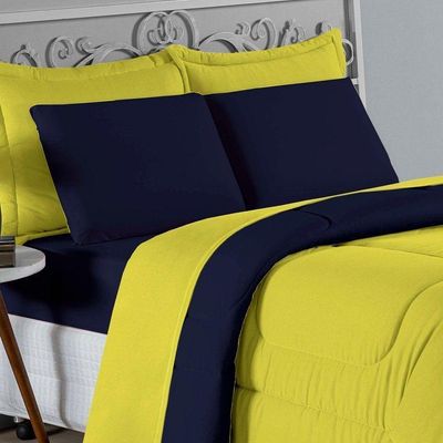Kit Edredom Dupla Face + Jogo De Lençol Casal Viúva Nobre 6 Peças Malha 100% Algodão - Amarelo / Azul-marinho