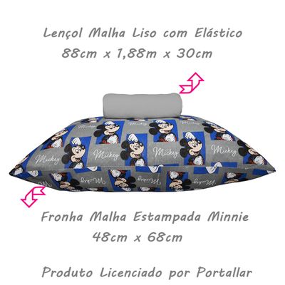 Jogo de Lençol KazzaVip Solteiro Malha 100% Algodão Play Disney Mickey Quadros 2 Peças Cinza
