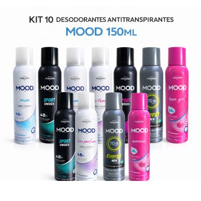 Kit 10 Desodorantes Antitranspirantes Mood 150ml 0% Alumínio Proteção 48h Uso Diário