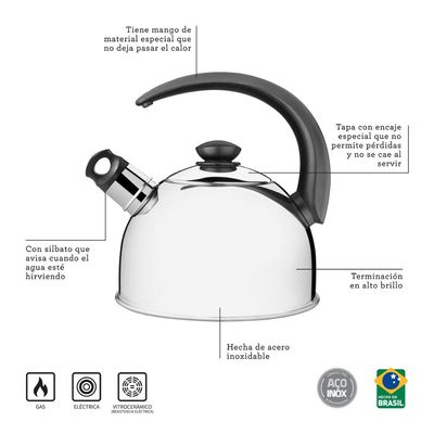 Chaleira Tramontina com Apito em Aço Inox Cabo Preto 3 L