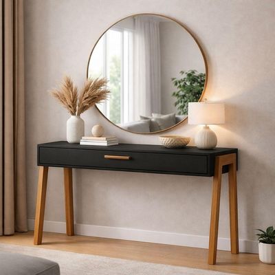 Mesa Escrivaninha Aparador Retangular Industrial 1 Gaveta Madeira 90CM Preto