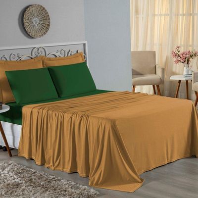Jogo De Cama King Nobre 4 Peças Lençol Com Elástico De 30cm De Altura Malha 100% Algodão - Cobre / Verde-bandeira