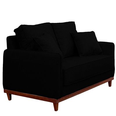 Sofa Sena 3 Lugares Base De Madeira Para Sala Hotel Linho Preto
