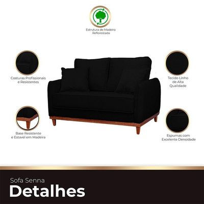 Sofa Sena 3 Lugares Base De Madeira Para Sala Hotel Linho Preto