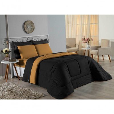 Kit Edredom Dupla Face + Jogo De Lençol King Nobre 7 Peças Malha 100% Algodão - Preto / Cobre