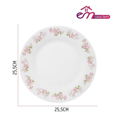 Jogo 10 Prato Raso De Vidro Branco Flowers Pink 25,5cm Em Casa Tem
