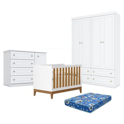 Quarto De Bebê Americano 4 Portas Com Berço Americano Flip Branco Acetinado Savana Reller E Colchão Ortobom - Henn
