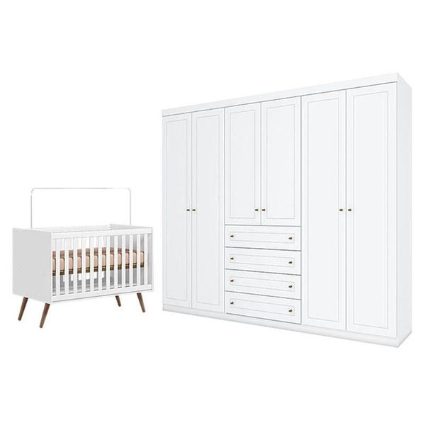 Berço Americano Q Encanto 3820 Retrô Branco Acetinado - Qmovi E Guarda Roupa Casal Americano 6 Portas Branco Hp - Henn