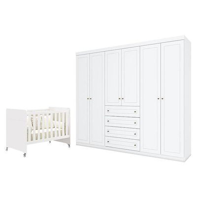Berço Americano Evolution 4 Em 1 Branco Acetinado E Guarda Roupa Casal Americano 6 Portas Branco Hp - Henn