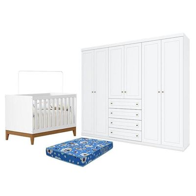 Berço Americano Flip Branco Acetinado Reller E Guarda Roupa Casal Americano 6 Portas Branco Hp E Colchão Ortobom - Henn