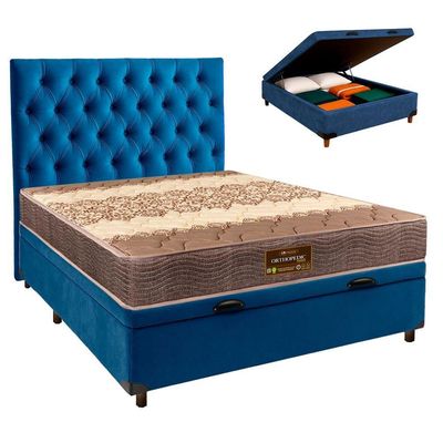 Cama + Bau Azul E Colchão D26 Casal - Ortophedic Sankonfort + Cabeceira