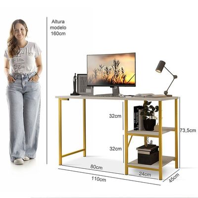 Escrivaninha Mesa Office Estudo Estilo Industrial 110cm Klm Dourado-off White