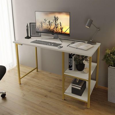 Escrivaninha Mesa Office Estudo Estilo Industrial 110cm Klm Dourado-off White
