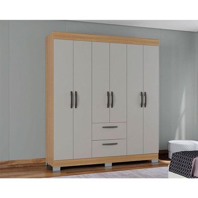 Cômoda 868 4 Gavetas E 1 Porta Com Guarda Roupa Casal Tóquio 6 Portas Damasco Off White - Poquema