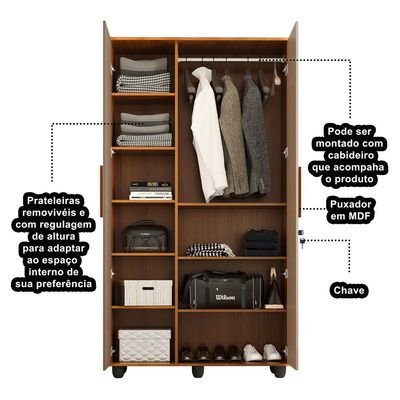 Guarda Roupa Solteiro Multiuso Sem Gaveta Reforçado Ouro Fechadura Com Chave Amêndoa / Fendi