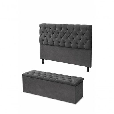 Kit Cabeceira De Cama Box Com Calçadeira Baú Mirage Capitonê Casal 140 Cm Suede Cinza Escuro Eli Móveis E Decoração