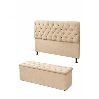 Kit Cabeceira De Cama Box Com Calçadeira Baú Mirage Capitonê Casal 140 Cm Suede Bege Eli Móveis E Decoração