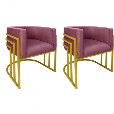Kit 02 Cadeiras Poltrona Luxo Base De Metal Tripla Dourado Sala De Jantar Cozinha Recepção Veludo Rose Eli Móveis