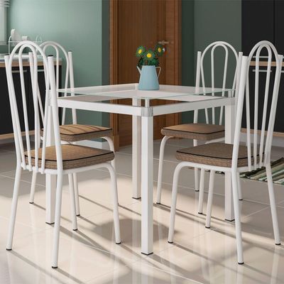 Kit Conjunto de Mesa de Jantar Malva 4 Lugares Tampo de Vidro Assento Rattan Branco