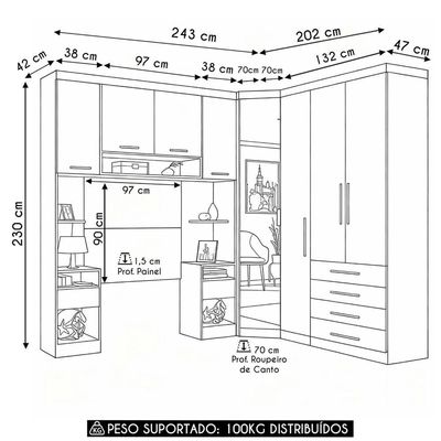 Guarda Roupa Solteiro Modulado Cp04 Taiga Branco/grey L01 - Mpozenato