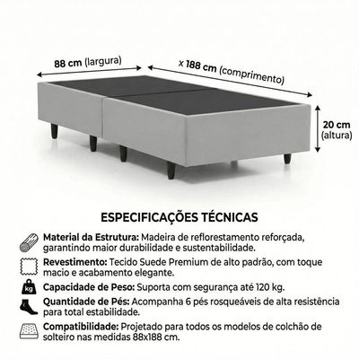 Cama Box Solteiro Base Dobrável para Colchão 88X188CM Estrutura em Madeira Cinza