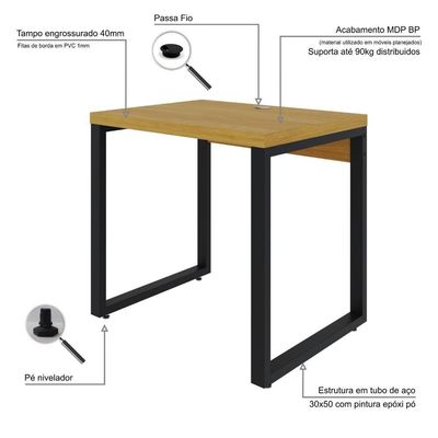 Mesa Operacional 80x60x75cm Yon - Acácia Mel-est.preta Acácia Mel-est.preta