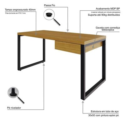 Mesa Diretor C-01 Gav. 150x70x75cm Yon - Acácia Mel-est.preta Acácia Mel-est.preta