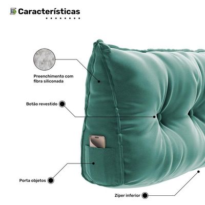 Almofada Para Cabeceira Encosto Apoio Lombar Spot 195cm Com Porta Celular Veludo - Abmaza Verde