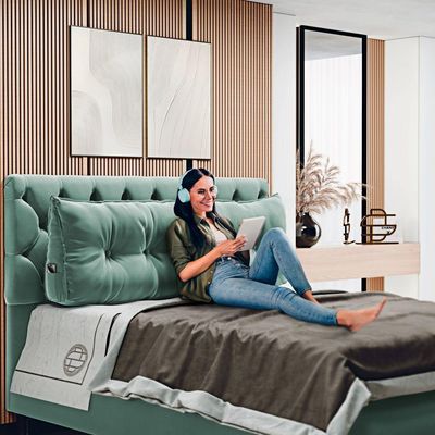 Almofada Para Cabeceira Encosto Apoio Lombar Spot 195cm Com Porta Celular Veludo - Abmaza Verde