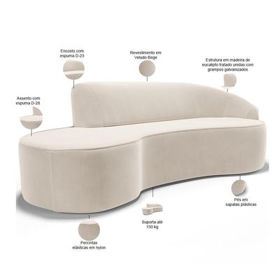 Sofá 4 Lugares Curvo Living Firenze Direito D02 Veludo Bege 260cm C-309 - Lyam