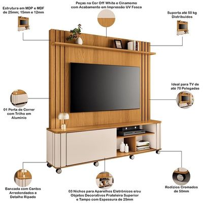 Estante Painel Para Tv 70 Pol Com Rodízios Linus B01 Cinamomo Off White - Lyam Decor