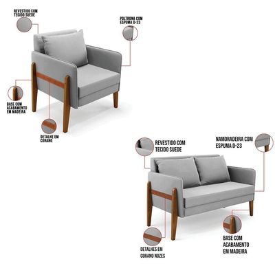 Kit 1 Sofá Namoradeira E 1 Poltrona Lana Suede Cinza Base De Madeira - D'rossi