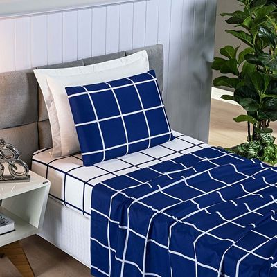 Jogo de Lençol Minimalista Solteiro 3 Peças Percal 200 Fios Quadriculado - Azul Marinho - 100% Poliéster