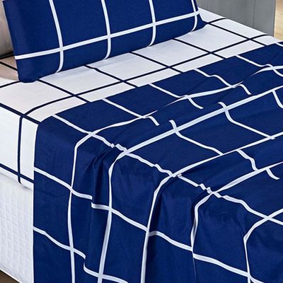 Jogo de Lençol Minimalista Solteiro 3 Peças Percal 200 Fios Quadriculado - Azul Marinho - 100% Poliéster