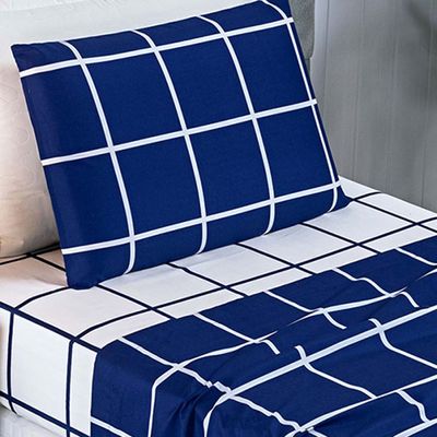 Jogo de Lençol Minimalista Solteiro 3 Peças Percal 200 Fios Quadriculado - Azul Marinho - 100% Poliéster