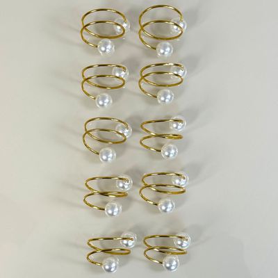 Kit 10 Anéis Para Guardanapos 4,5cm x 4,5cm Pérola Duas Voltas Argola Metal Mesa Posta - Dourado