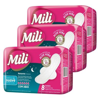Absorvente Fluxo Intenso Suave com Abas  Noturno MILI  24 Pacotes  de 8 Unidades      Total 192 un