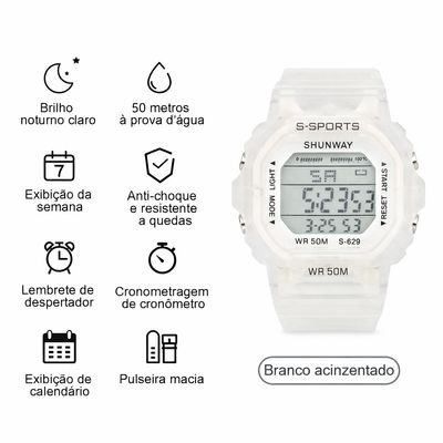 Relógio Digital Branco Acinzentado Transparente – Esportivo - Tudo em Caixa
