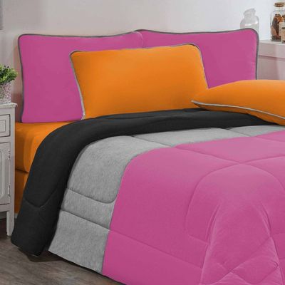 Kit Edredom Malha 100% Algodão Urbano 3 Peças Casal - Pink/Mescla/Preto