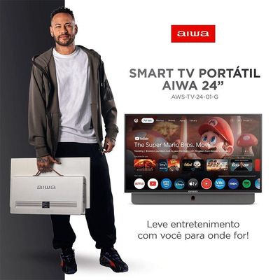Smart TV Portátil Aiwa 24” Full HD HDR10 Dolby Audio Google TV Bateria De 3h AWS-TV-24-01-G Bivolt