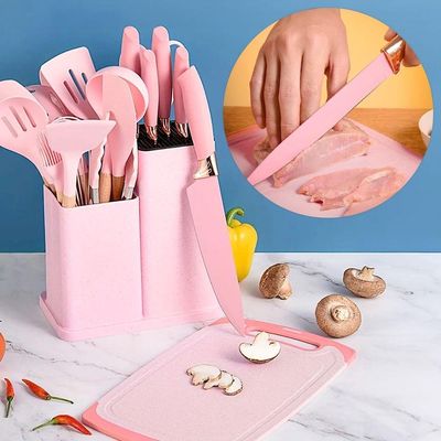 Kit Completo De Utensílios De Cozinha Luxuosos 19 Peças Com Tablet Espátula De Silicone Faca Tesoura - rosa