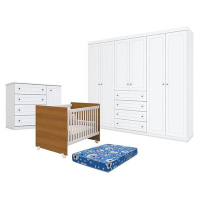 Quarto De Bebê Americano 6 Portas Com Berço Nacional Mel Branco Savana- Reller - Henn E Colchão Ortobom.