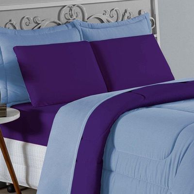 Kit Edredom Dupla Face + Jogo De Lençol Casal Viúva Nobre 6 Peças Malha 100% Algodão - Azul-bebê / Roxo