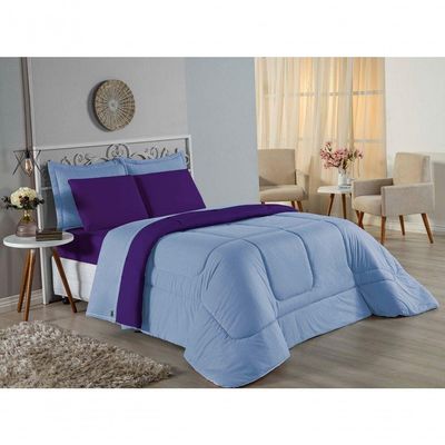 Kit Edredom Dupla Face + Jogo De Lençol Casal Viúva Nobre 6 Peças Malha 100% Algodão - Azul-bebê / Roxo