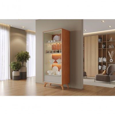 Cristaleira Adega Premium MDF com Iluminação Interna e Prateleiras de Vidro Off White