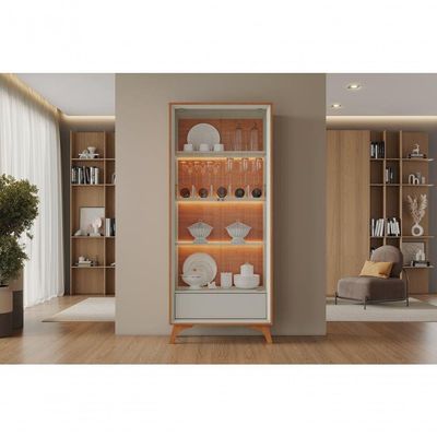 Cristaleira Adega Premium MDF com Iluminação Interna e Prateleiras de Vidro Off White